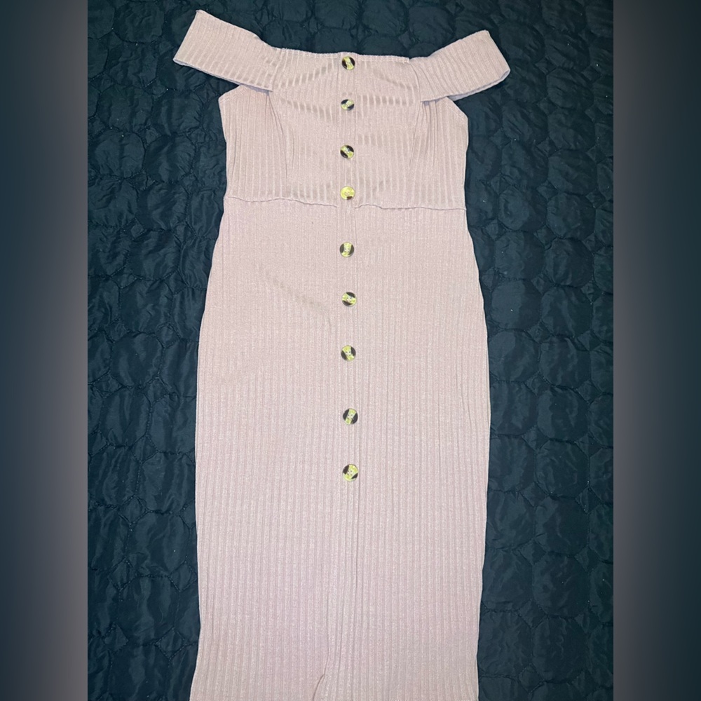 Rave Pink Ribbed Off-Shoulder Bodycon Midi Dress – Size M